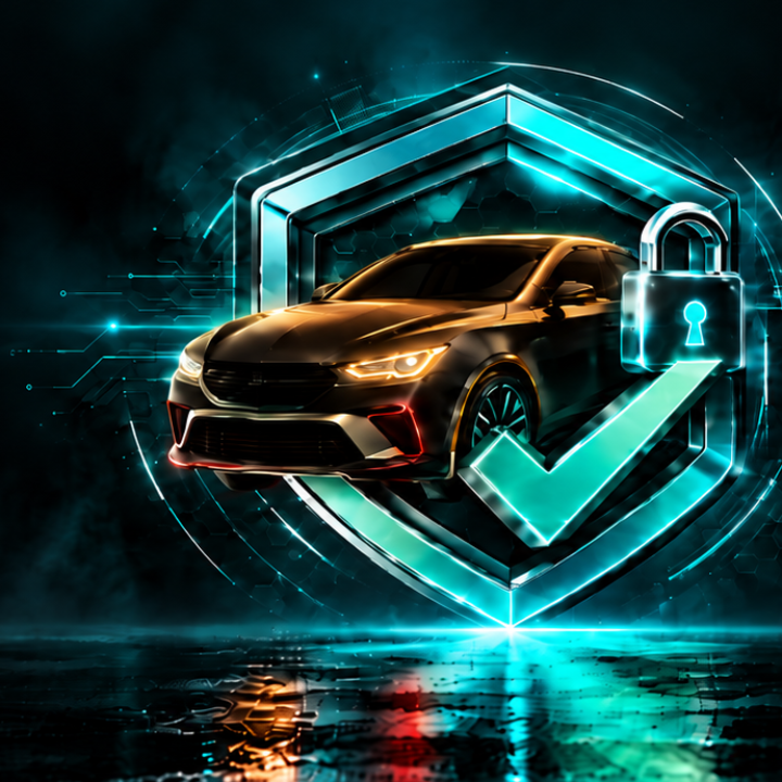 Emblema CheckCarOnline: veículo protegido por um escudo com marca de verificação